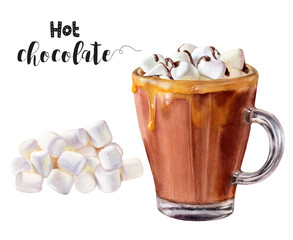 Watercolor illustration of hot chocolate with marshmallow close up. Design template for packaging, menu, postcards.