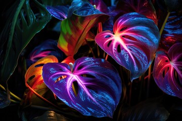 Obraz premium Tropical Leaves Illuminated With Striking Neon Lights