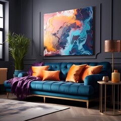 Modern living room interior design with blue sofa and colorful paintings 3D rendering
