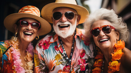 group of senior friends in bold tropical colouful theme