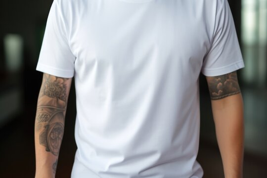 White Man With Tattoos Displaying Blank White Tshirt Mockup