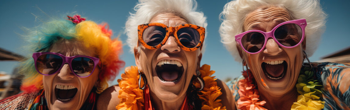 group of senior friends in bold tropical colouful theme