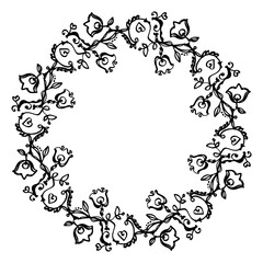 Fantasy decorative vector floral wreath, black lines doodle. St Valentine's Day greeting card, invitation, coaster design template.