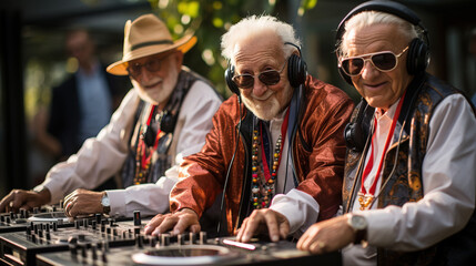 group of senior friends playing music as DJ