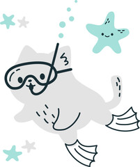 Vector illustration in doodle style. Cute kitten scuba diver swimming underwater with starfish. . Vector illustration