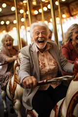 group of senior friends riding carousel at amusement park