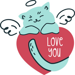 Vector illustration in doodle style. Cute kitten with wings sleeping on a big heart. Inscription love you . Vector illustration