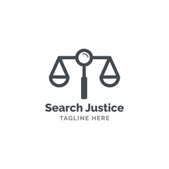 Magnifying glass and scales of justice logo concept. Search Justice logo design