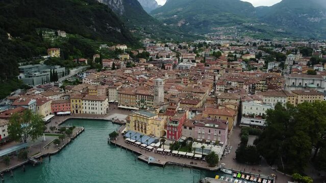 Riva del Garda, Lago di Garda, Italy - 30 august 2023: beautiful aerial view of Riva del Garda - old town in Italy near Garda lake