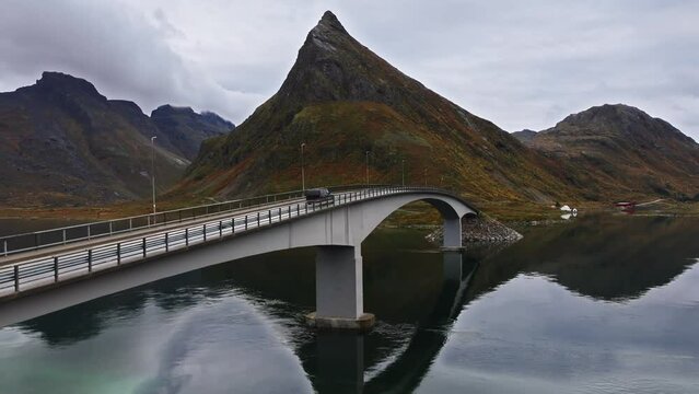 Aerial Overhead: Drone Shot Capturing Lofoten Islands Bridge on a Sunny Autumn Day in North Norway's Nordland Region