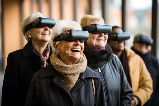 group of senior friends wearing vr headset - Powered by Adobe