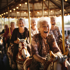 group of senior friends riding carousel at amusement park - obrazy, fototapety, plakaty