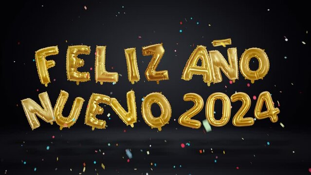Happy New Year 2024. Feliz ano nuevo 2024. Floating helium balloons on black background. Spanish greeting. Popping golden foil numbers with multicoloured confetti. Horizontal.