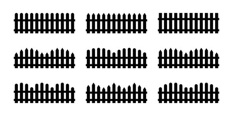 Set black silhouette picket fence repeat isolated PNG