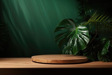 Wooden Podium On Green Wall With Tropical Leaves
