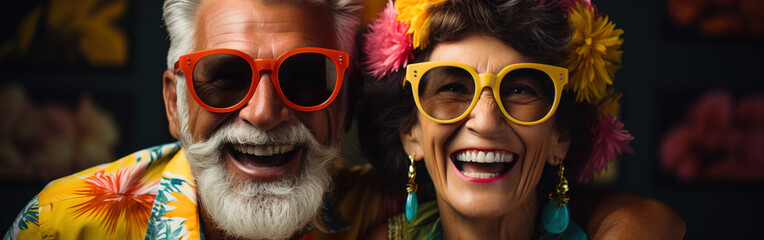 senior couple in bold colourful tropical style