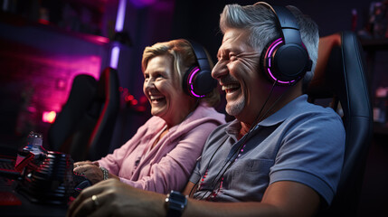 Obraz na płótnie Canvas senior couple gaming on PC