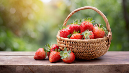 Strawberries in a basket on green natural background