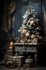 Vintage interior with Christmas tree, fireplace, candlestick and fireplace