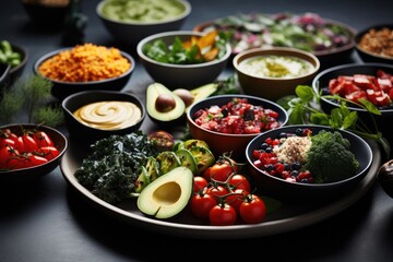 Plant-Based Nutrition - A spread of colorful, nutritious vegan dishes - AI Generated