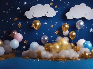 Baby Birthday Party Backdrop, Photography Backdrops, Birthday Cake Smash Props, Studio Background Stars, Digital Backdrop, Balloons Overlay