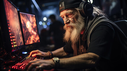 senior man gaming on PC - obrazy, fototapety, plakaty