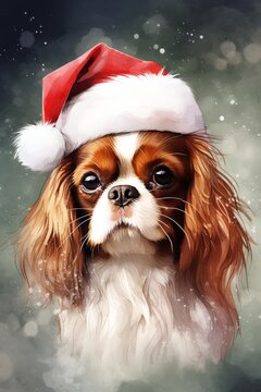 Cavalier King Charles Spaniel dog in christmas santa claus hat watercolor art. Christmas Charles Spanie illustration. Verical format for banners, posters, advertising, gift cards. AI generated.