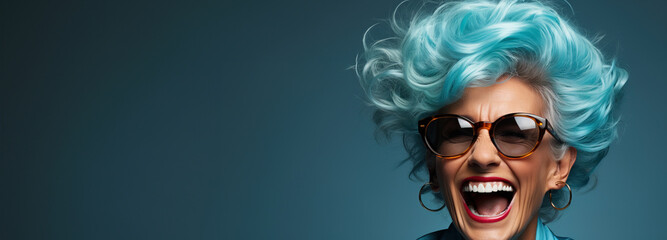 happy senior woman blue hair