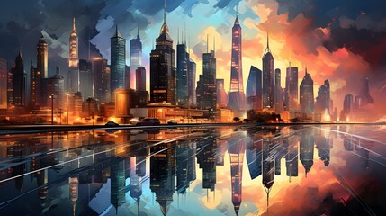 Panoramic view of the city of Shanghai, China. Illustration