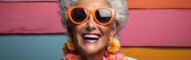senior woman in bold tropical colouful style