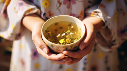 hands holding a cup of herbal tea infused with flowers - obrazy, fototapety, plakaty