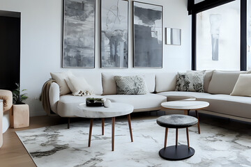 Copy space on a neutral marble table in a modern bight living room with a large sofa