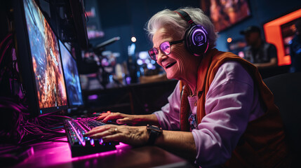 Fototapeta na wymiar senior woman gaming on PC