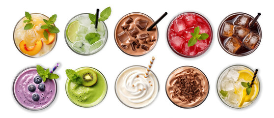 cool drinks set ; smoothie, juice, sparkling water with fresh and beautiful fruits decorated glass top view on white background.