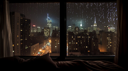 雨に濡れた窓から都会の街並みを眺める