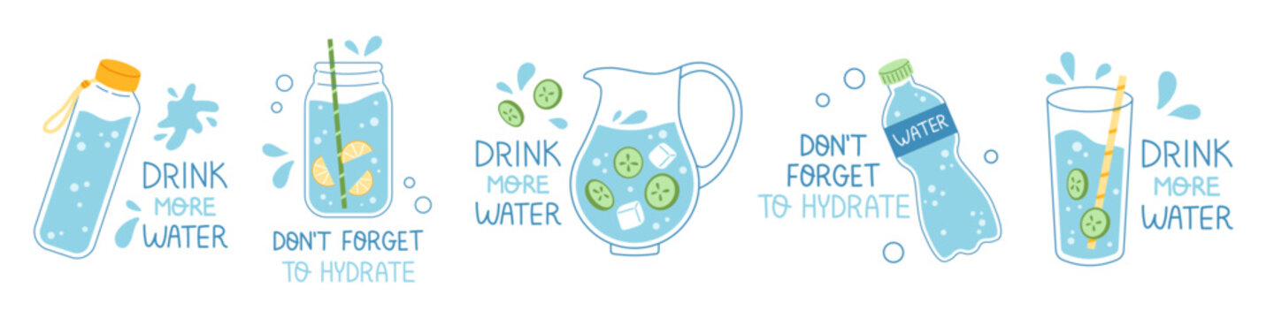 Vector drink more water illustration set. Trendy water poster or banner compositions. Collection of glass, jar, bottle and jug of water with straws. Dont forget to hydrate. Blue colors.