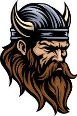 A Viking warrior head or face wearing a horned helmet mascot man