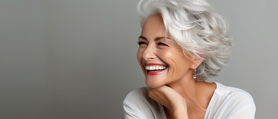 Beautiful gorgeous 50s mid age beautiful elderly senior model woman with grey hair laughing and...