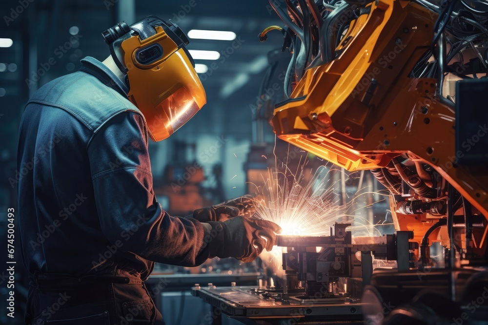 Poster engineer overseeing welding robotics in intelligent factory