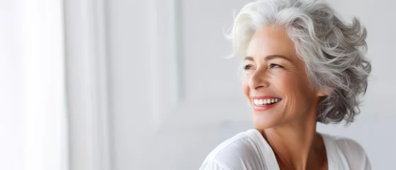 Tuinposter Beautiful gorgeous 50s mid age beautiful elderly senior model woman with grey hair laughing and smiling. Mature old lady close up portrait. Healthy face skin care beauty, skincare cosmetics, dental © DZMITRY