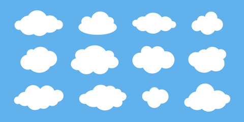 Vector set of white clouds on blue background. Cartoon cloud collection in flat design.