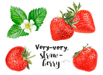Watercolor illustration of strawberries set close up. A hand-drawn painting.