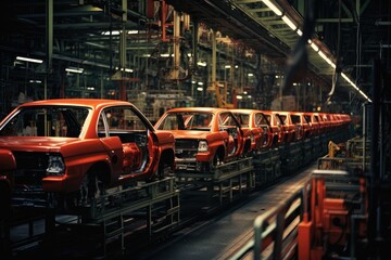 Highangle View Of Cars On Production Line In Factory