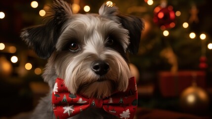 Christmas cute Schnauzer dog wearing bow tie on Christmas tree bokeh light background. Happy New Year, Christmas dog greeting card. Pet holidays and celebration web banner