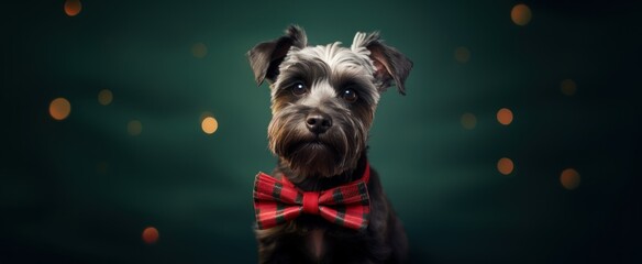 Christmas cute Schnauzer dog wearing bow tie on Christmas tree bokeh light background. Happy New Year, Christmas dog greeting card. Pet holidays and celebration web banner