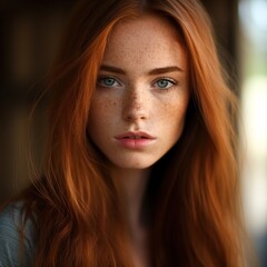 fair skinned, red straight coarse hair, green eyes, beautiful girl, age 25