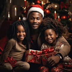 dark skinned mother and father with children at christmas tree pulling gifts 
