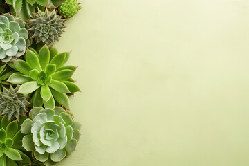 minimalistic light green background with succulents, with empty copy space