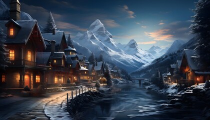 Fototapeta na wymiar Fantastic winter panoramic view of the mountain village.