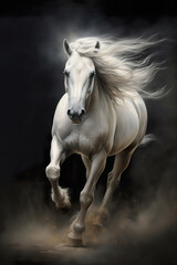 A white horse with long flowing mane on the run, stunning illustration